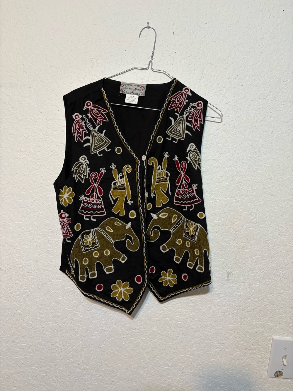 jonathan martin Vintage Black Vest with Gold Elephant Embroidery and Red Accents